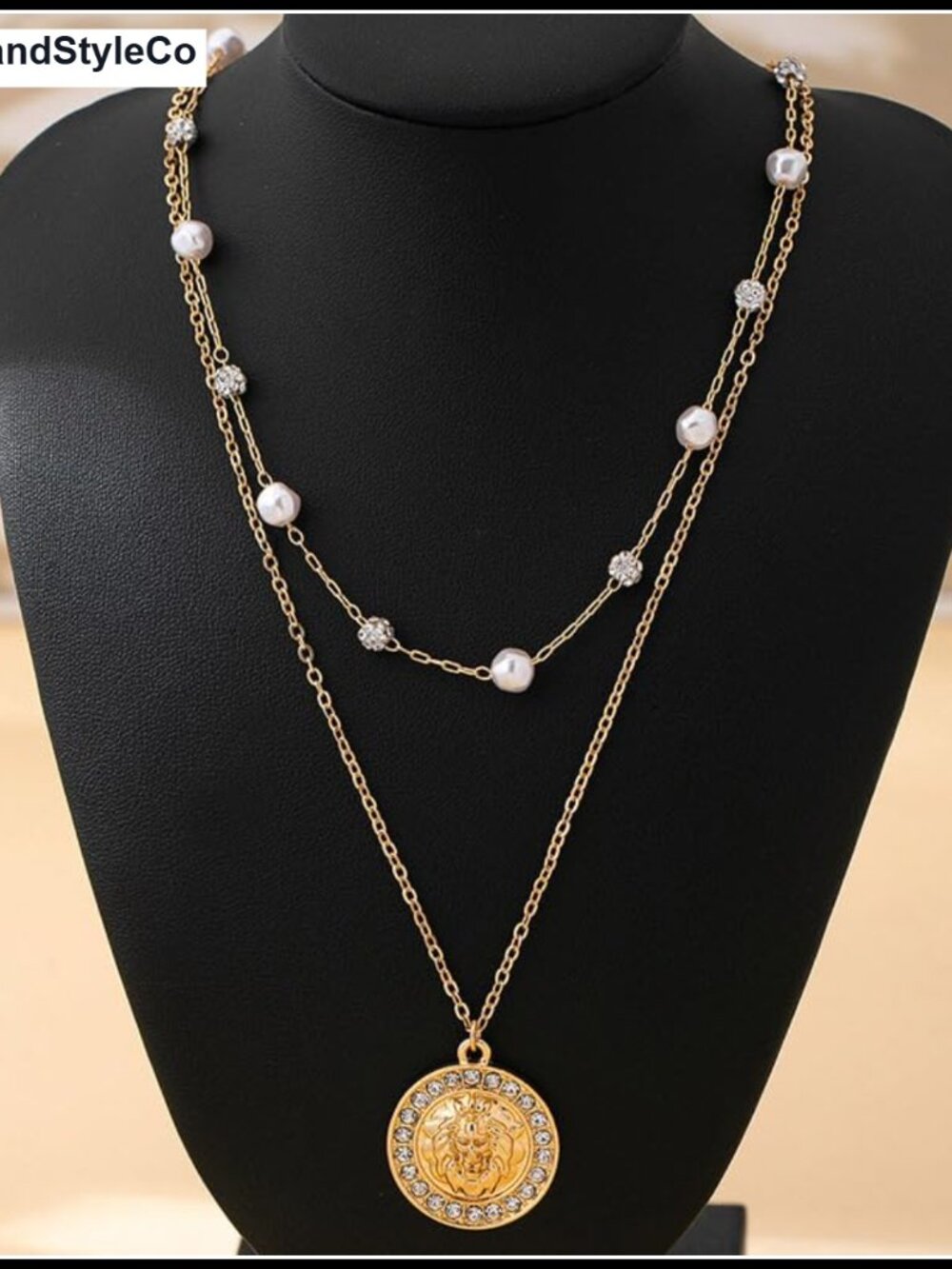 Layered Faux Pearl Rhinestone Lion Head Coin Pendant Necklace - Picture 2 of 5